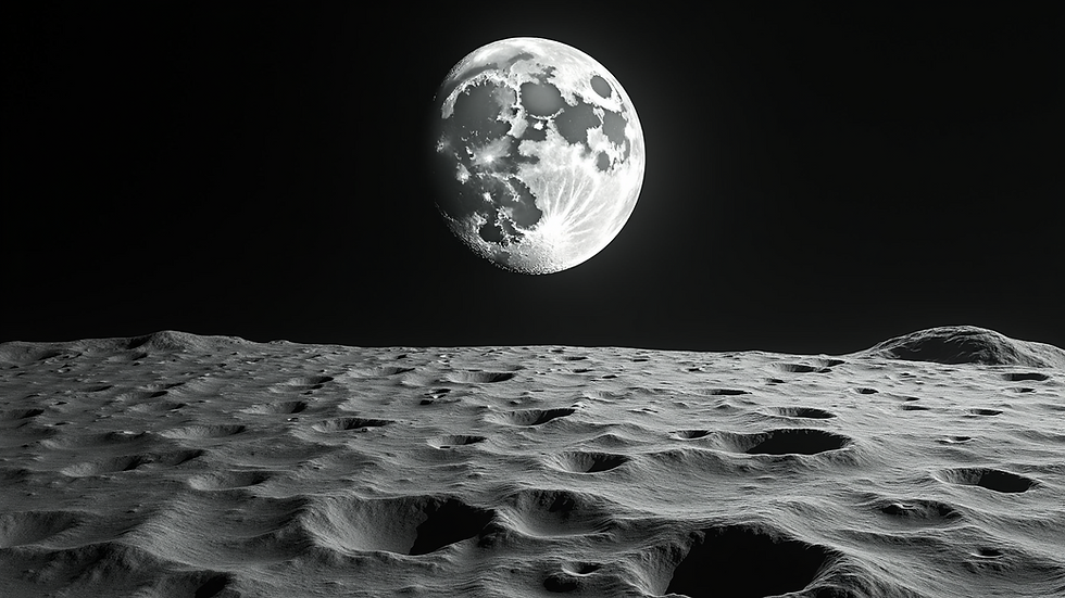 High angle view of the Moon's surface showcasing its craters and rugged terrain