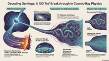 Exploring the Geminga Pulsar: This infographic highlights a groundbreaking discovery in cosmic-ray physics, showcasing the Geminga halo's 100 TeV electron cutoff and its role in understanding particle diffusion and magnetic turbulence. Located 800 light-years away, Geminga provides an ideal laboratory for cosmic-ray propagation studies with a detection range from 16 TeV to 250 TeV.
