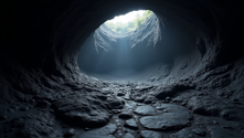 A dark lava cave showcasing the unique geological features formed by ancient volcanic activity.
