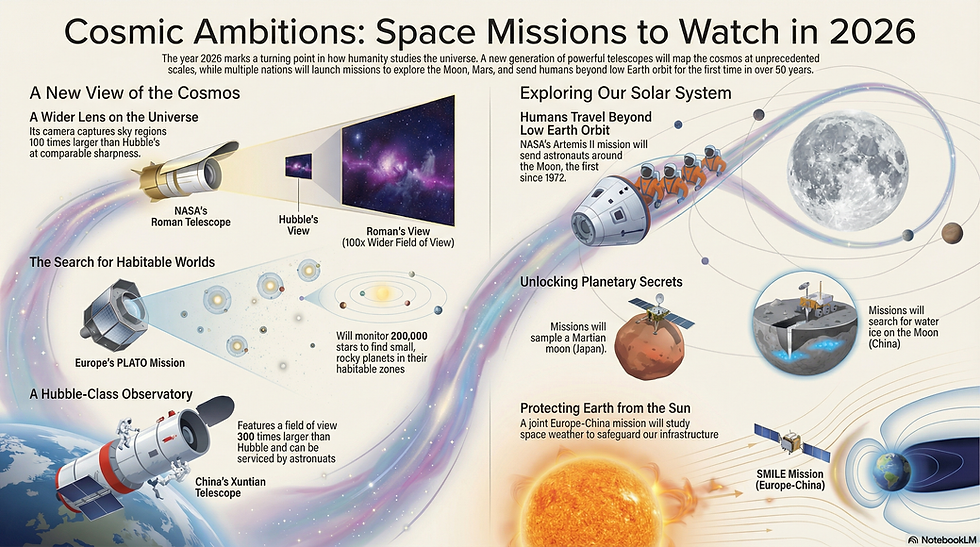 Space Missions to Watch in 2026: A new era of cosmic exploration unfolds with advanced telescopes and ambitious missions. NASA's Roman Telescope and China's Xuntian will redefine our view of the universe, while Europe's PLATO seeks habitable worlds. NASA's Artemis II will send astronauts around the Moon, complemented by missions probing Mars and the Moon. The joint SMILE Mission focuses on protecting Earth from solar phenomena.