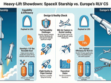 Heavy-Lift Showdown: Comparing SpaceX Starship and Europe's RLV C5 in payload efficiency, reusability, and design, highlighting the Starship's current operational status against the theoretical RLV C5.
