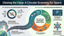 This infographic highlights current issues in space, such as collisions and atmospheric damage, and presents solutions through circular economy principles—reducing waste, reusing components, and recycling materials. Emphasizing the role of AI and global collaboration, it envisions a sustainable future for space exploration.