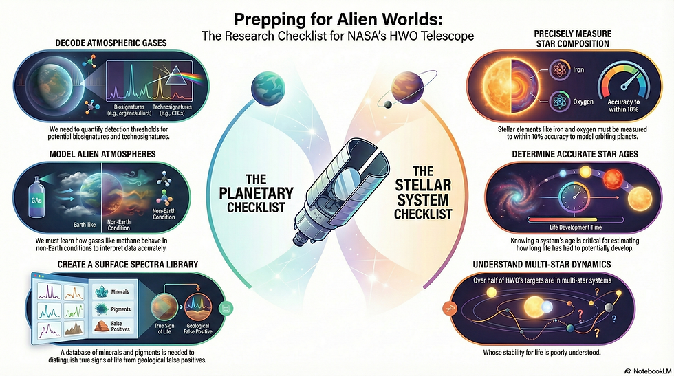 NASA's HWO Telescope Research Checklist: Pioneering the study of alien worlds by decoding atmospheric gases and modeling alien atmospheres to detect biosignatures. Essential tasks include creating a surface spectra library, precisely measuring star composition, determining accurate star ages, and understanding multi-star dynamics.