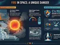 "Unique Challenges and Innovative Solutions—An infographic highlights the behavior of fire in microgravity, showcasing its spherical formation, increased risk with higher oxygen levels, and dense smoke issues. The €14 million FireSpace research program aims to tackle these dangers through advanced solutions like acoustic waves, new flame retardants, and sensor technology, with a significant rocket test planned within four years."