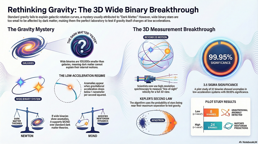 Exploring New Dimensions of Gravity: A breakthrough study utilizing 3D measurements of wide binary stars offers new insights into gravitational anomalies, challenging traditional dark matter theories with a focus on low-acceleration regimes, and achieving a 99.95% significance.