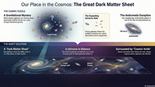 Illustration of the cosmic phenomenon "The Great Dark Matter Sheet," highlighting the gravitational anomaly within our Local Group, where nearby galaxies move away despite its gravity. The diagram explains this through a "Dark Matter Sheet" providing balance, counteracting the gravitational pull. Andromeda's exception and surrounding cosmic voids are visualized, depicting the interaction of dark matter and cosmic expansion.
