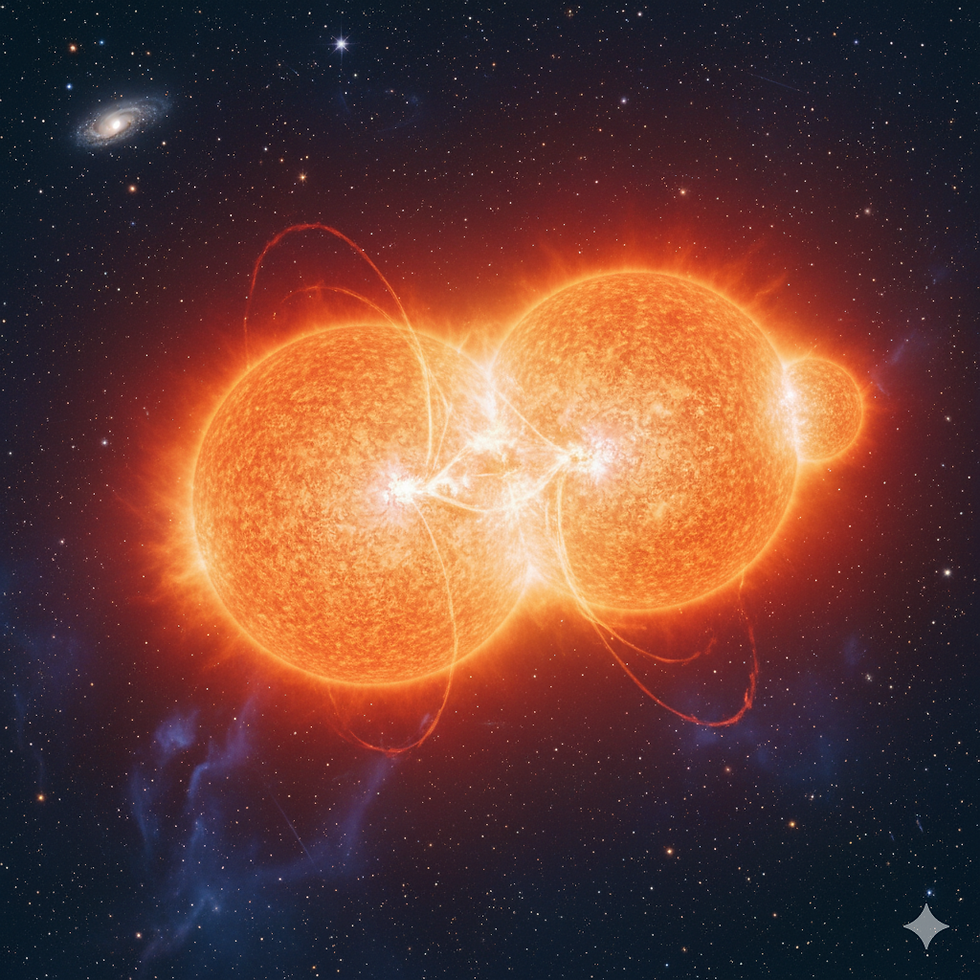 A spectacular cosmic event showcases two massive stars closely interacting, their fiery surfaces connected by intense magnetic arcs, against the backdrop of a vibrant, star-filled universe.