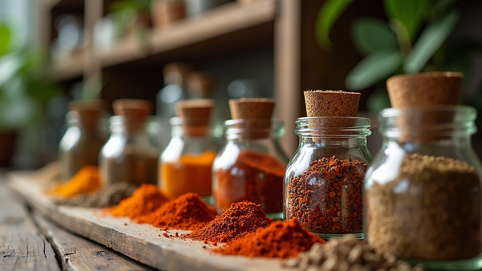 Close-up view of a variety of artisanal spices in glass jars