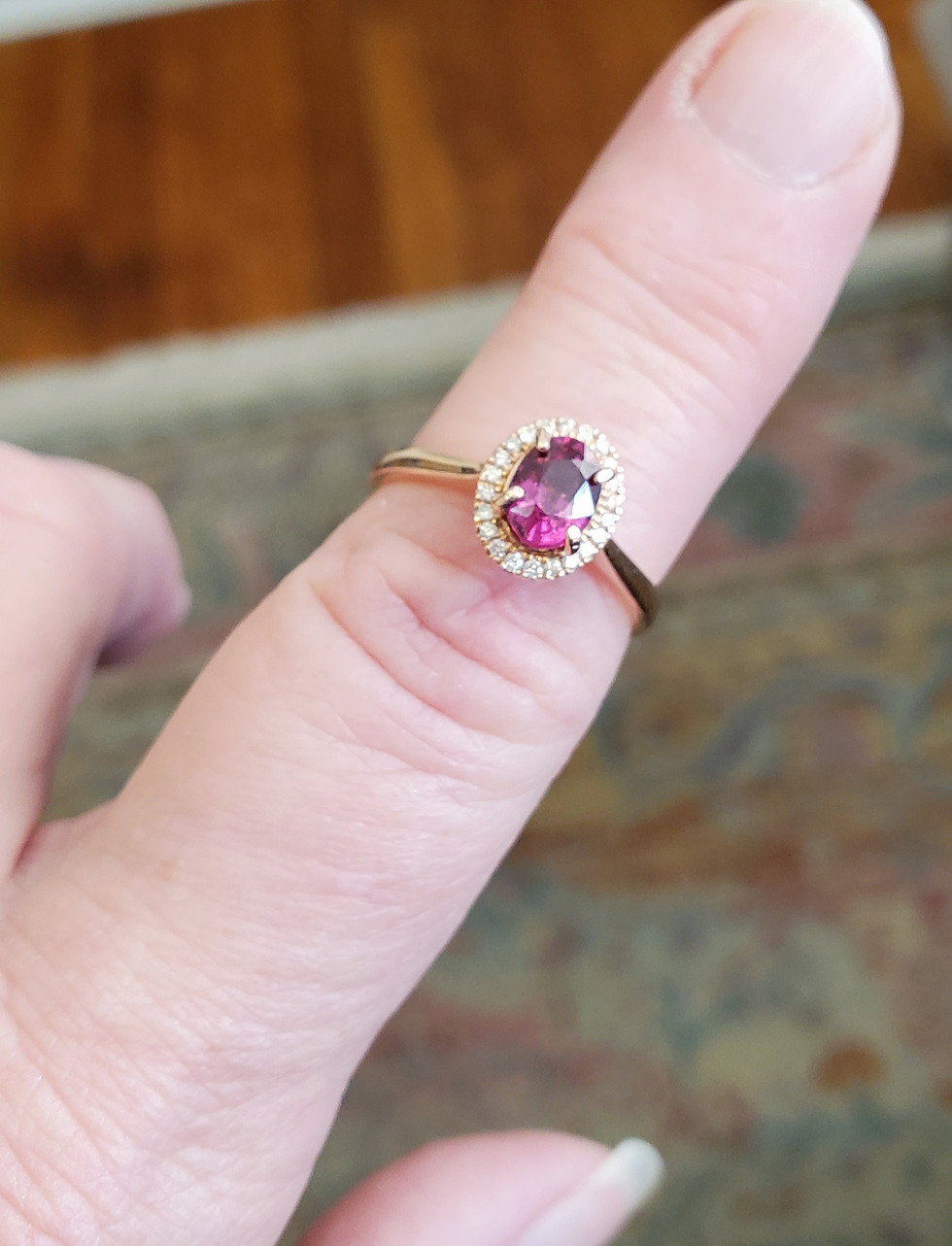 Thumbnail: Halo 14kt Rose Gold Diamond 1.25ct Magenta Pink Rhodolite Garnet Ring