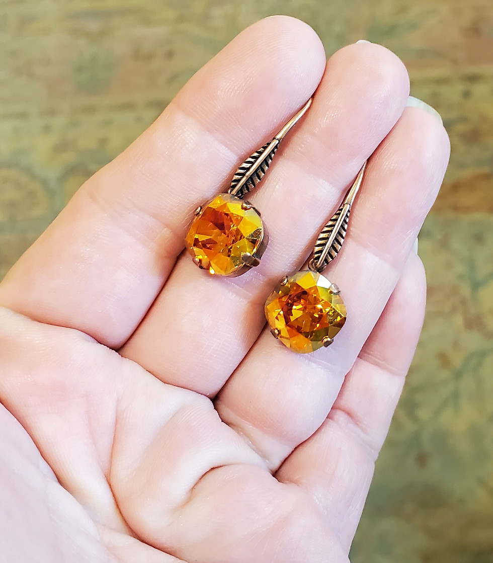 Thumbnail: Tangerine Orange Crystal Drop Earrings in Antique Copper