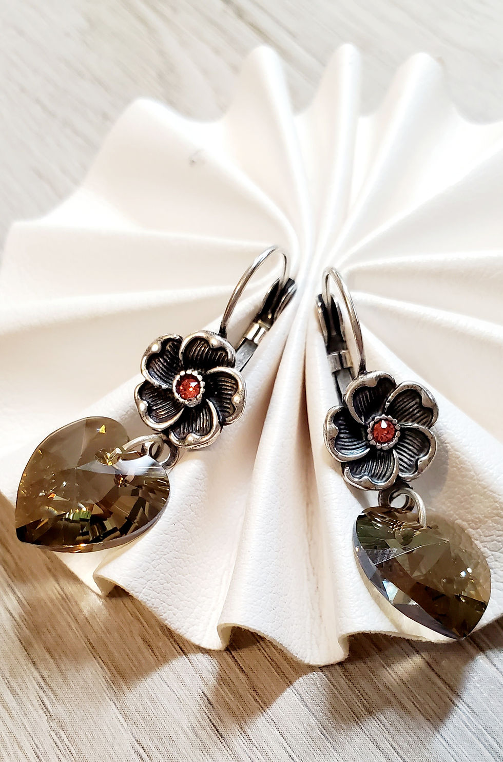 Thumbnail: Floral Crystal Heart Drop Antique Silver Earrings