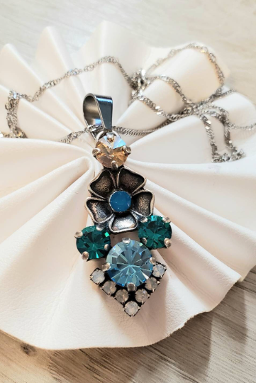 Thumbnail: Vintage Style Ocean Blue and Opal Swarovski Crystal Pendant