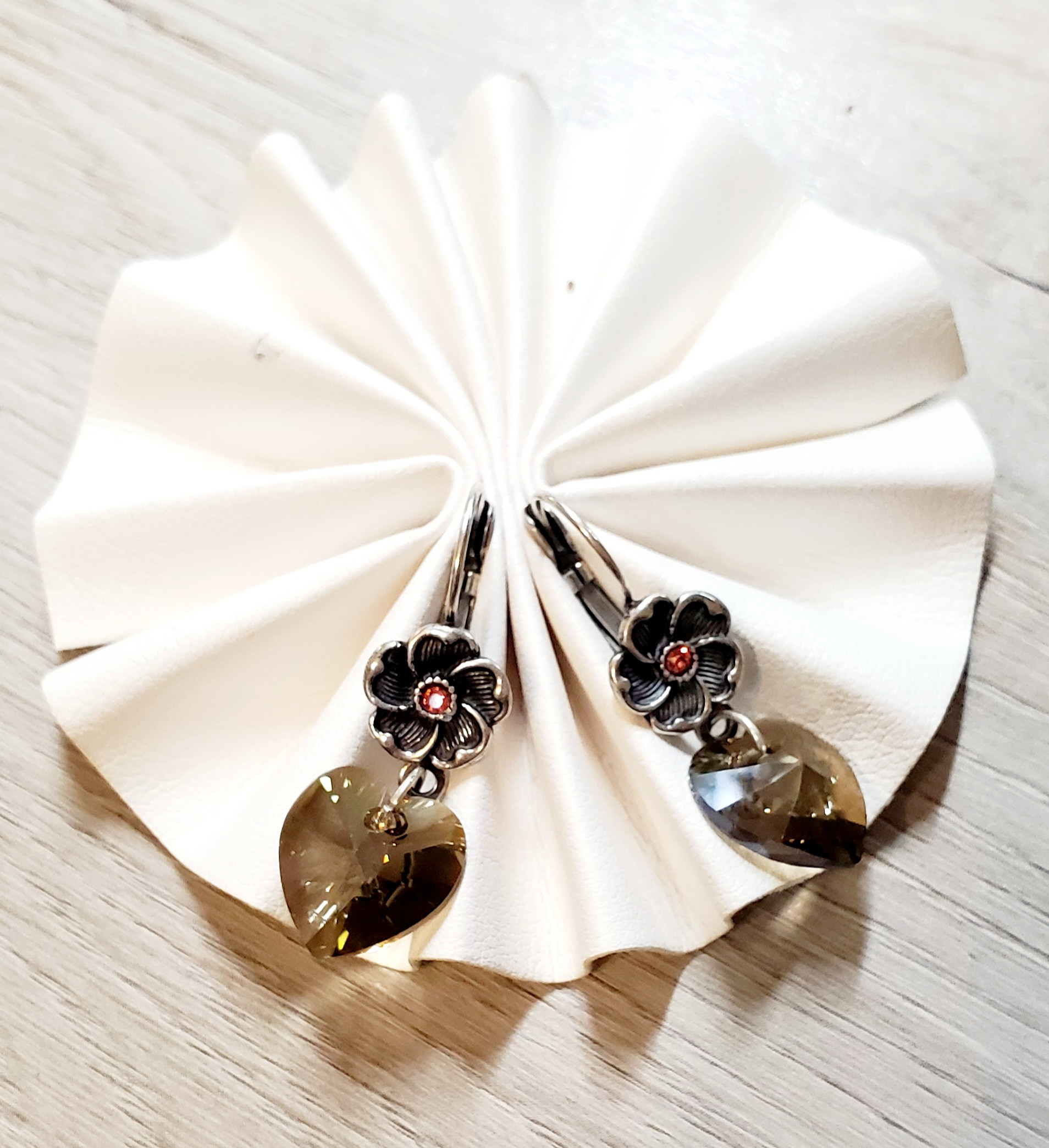 Floral Crystal Heart Drop Antique Silver Earrings