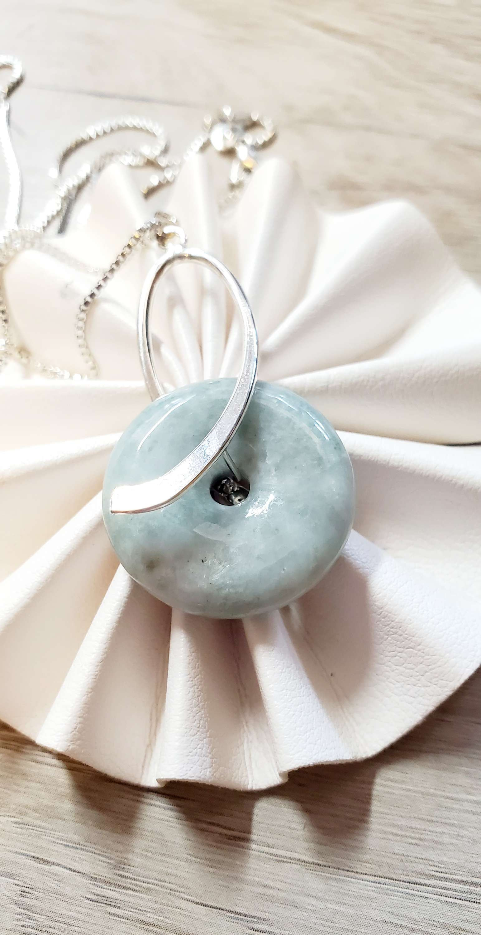 Natural Jade Donut Style Gemstone Pendant Necklace, Large Light Green Jade