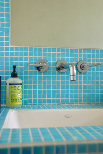 Kids Bathroom with Iridescent Turquoise Blue Glass Tile and Italian Wall-Mounted Faucets