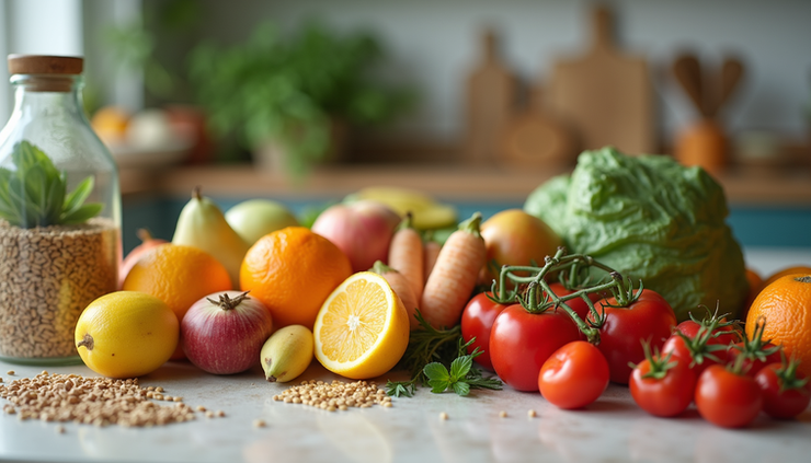 Eye-level view of a kitchen counter with a variety of fresh fiber rich foods including fruits, vegetables, and whole grains