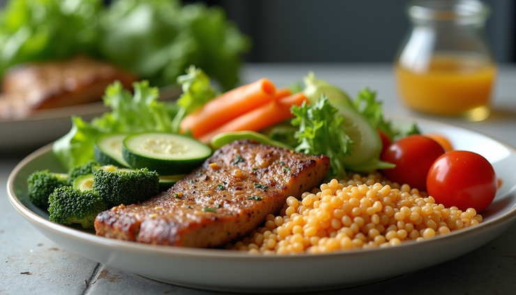 Close-up view of a balanced meal with vegetables, protein, and grains on a plate