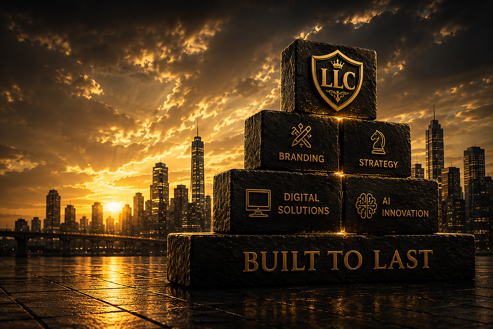 Cinematic black-and-gold business-building scene