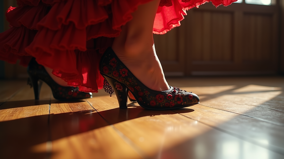 Close-up view of flamenco shoes on wooden floor