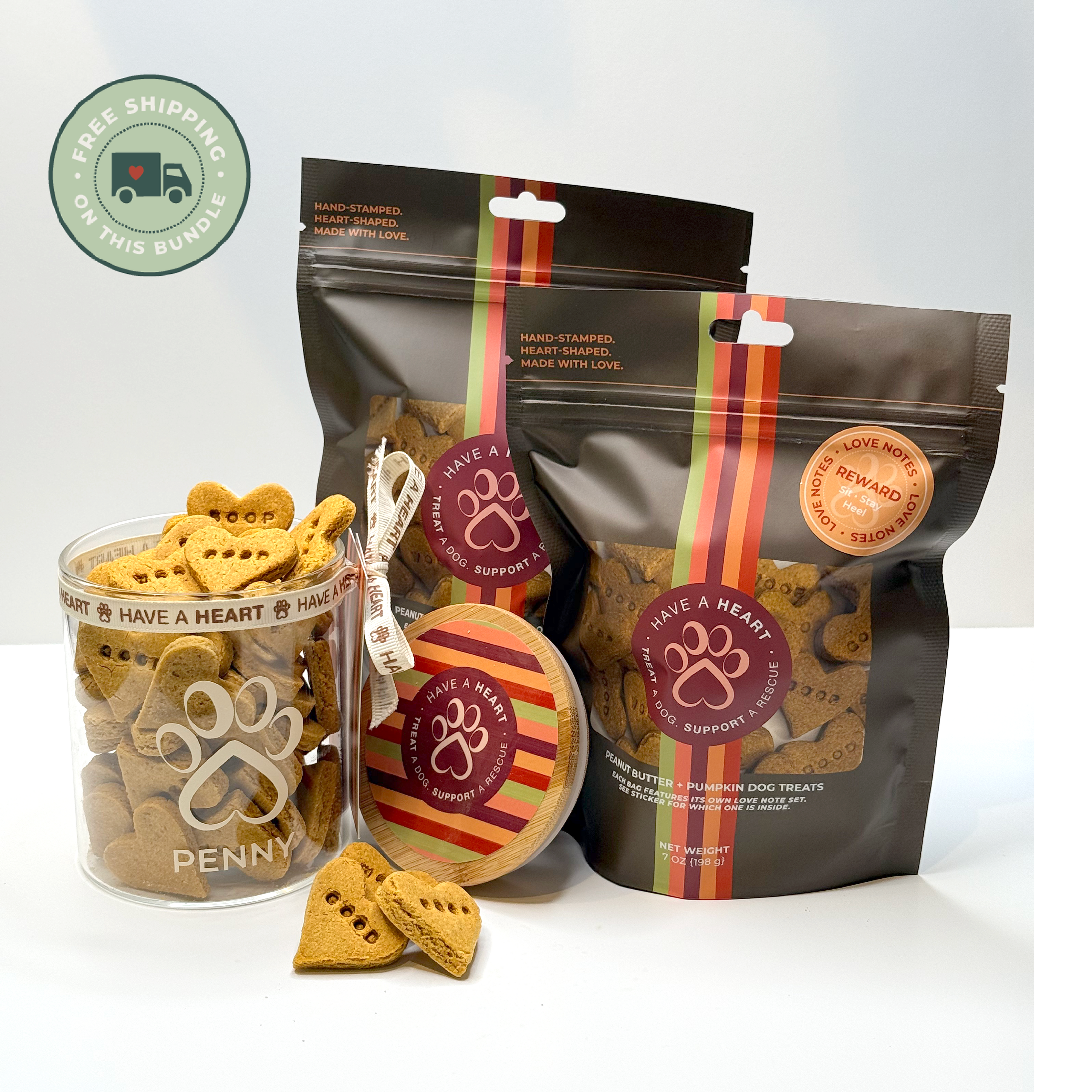 Snack Attack Survival Kit with personalized dog treat jar and two refill bags by Have A Heart Treats, photo 1