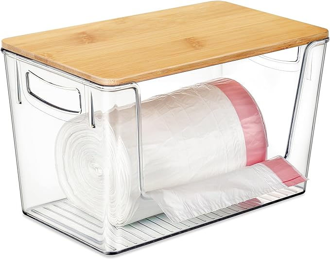 plastic trash bag holder with wooden lid