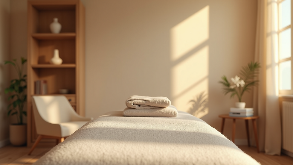 Eye-level view of a calm therapy room with massage table and soft lighting