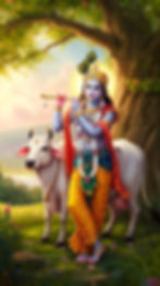 Krishna jouant de la flûte sous un arbre, accompagné d'une vache, dans un cadre bucolique et paisible.