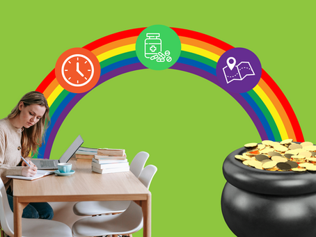 A woman working on a laptop connected by a rainbow to a pot of gold. Inside the rainbow are a clock, a medicine bottle and a map symbolizing productivity and motivation.