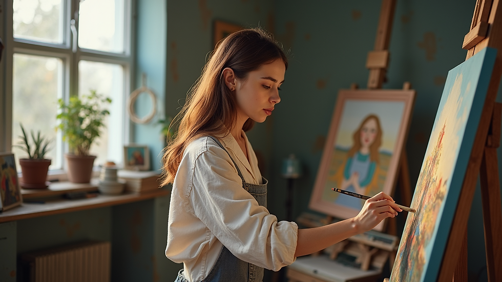 Eye-level view of Samantha Collins painting in her studio