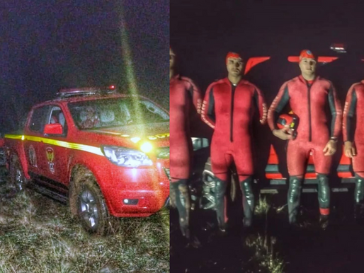 Equipes do Corpo de Bombeiros realizam buscas noturnas na Barragem do Capingui em Marau, RS
