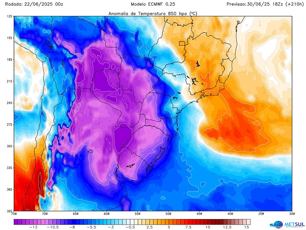 Duas poderosas massas de ar polar trarão intensa e longa onda de frio ao Sul do Brasil