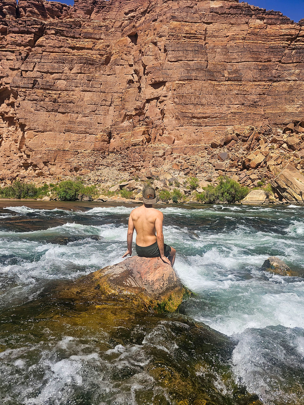Man sitting on a rock in a river, surrounded by rapids. Tall, orange canyon wall in the background. Bright, sunny day with clear sky.