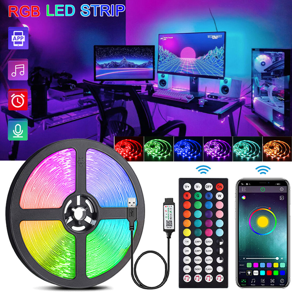 Fita de LED RGB com sincronização de música, USB 5V, controle remoto e lâmpada