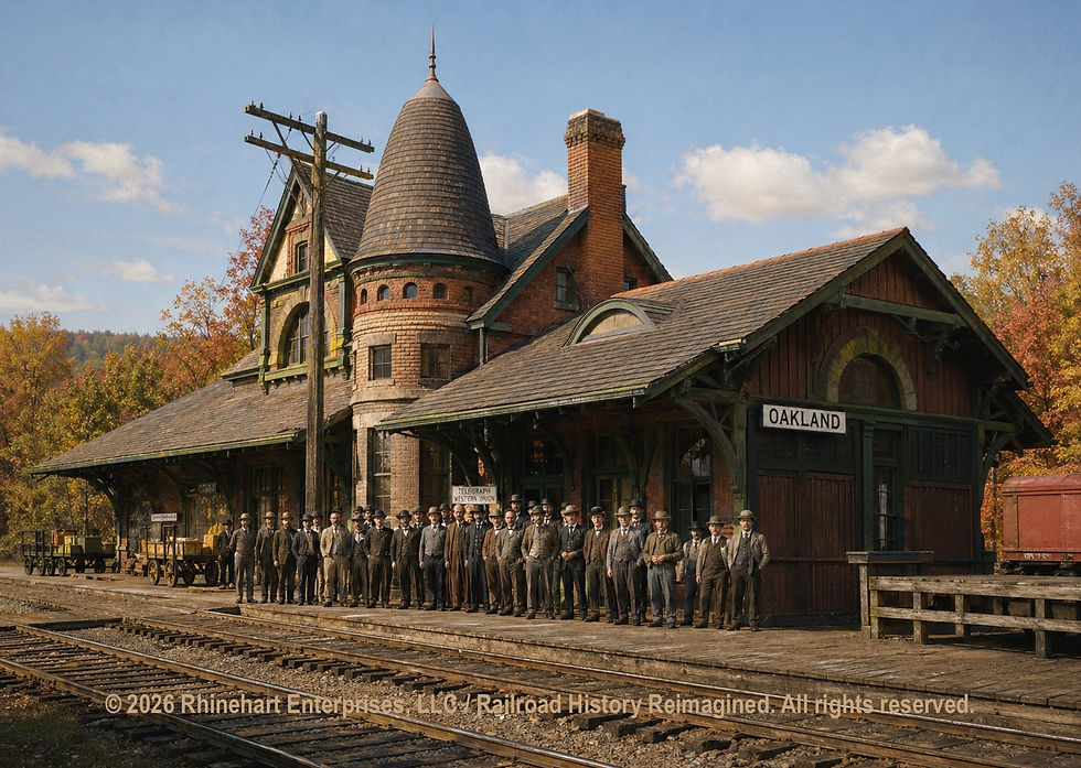 A crowd of people at B&O Railroad Oakland Maryland train station awaiting a steam locomotive arrival