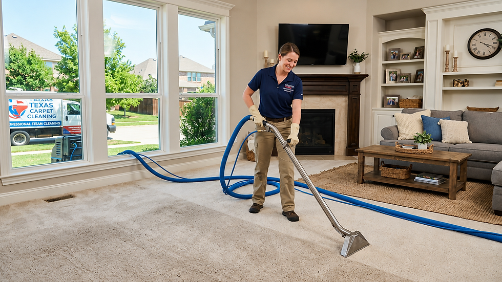 Woman in navy polo carpet-cleans a beige living room; blue hoses trail to a Texas Carpet Cleaning truck outside.