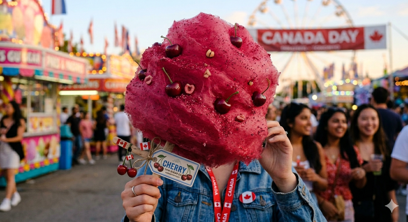 Cherry Cotton Candy on a stick at the midway