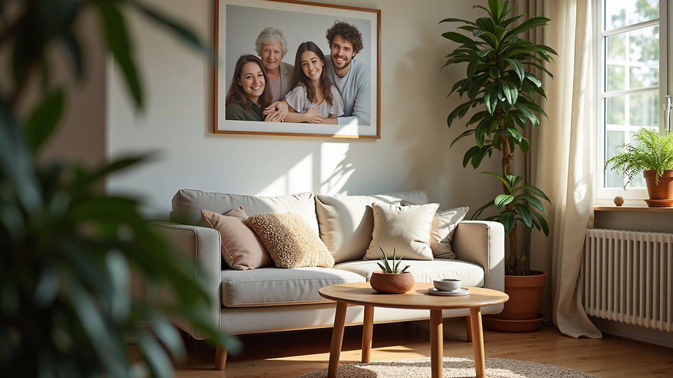Eye-level view of a cozy living room with family photos and plants