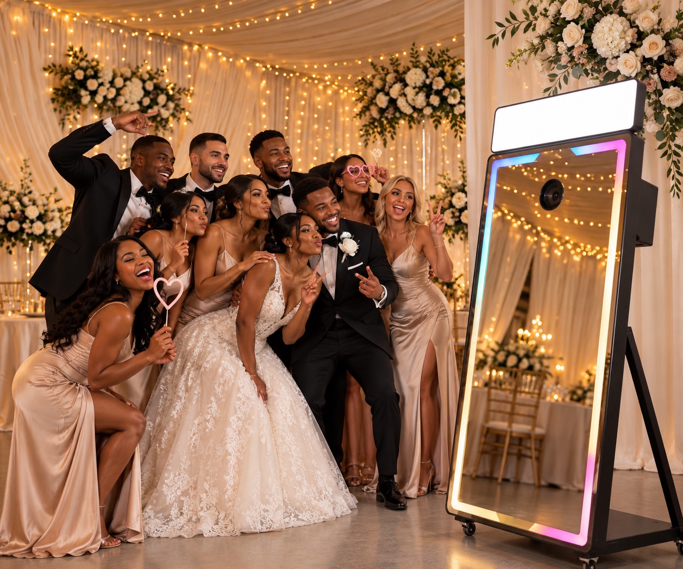 Wedding party enjoying a mirror photo booth at a celebration