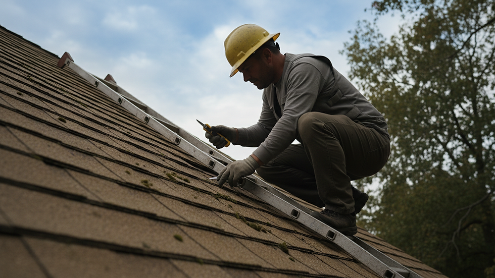 Close-up view of a roofing contractor inspecting shingles on a residential roof
