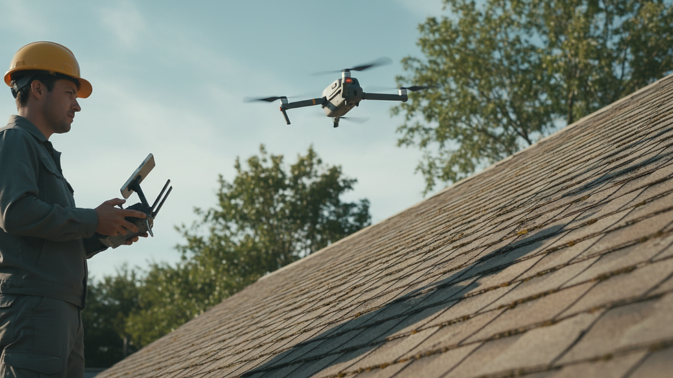 Close-up view of a roofing inspector using a drone to inspect a roof