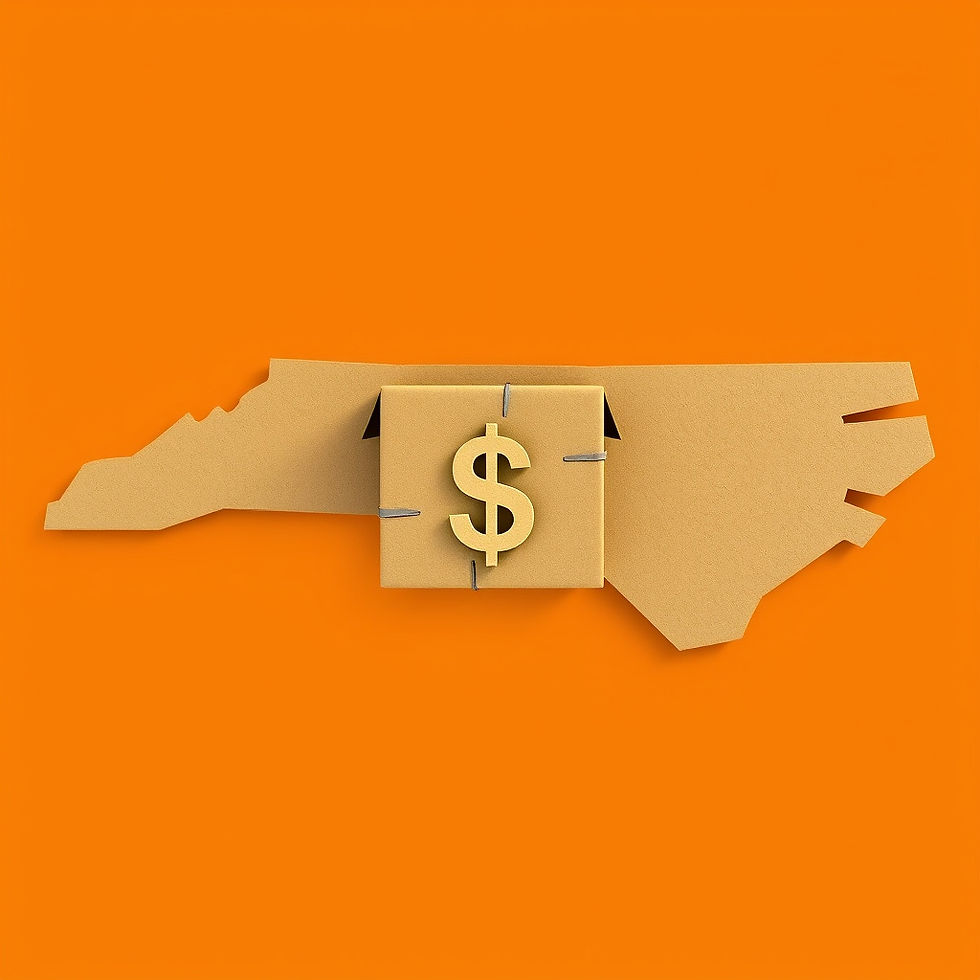 a cardboard box cut-out on the state of North Carolina with a delivery package in front and an orange background