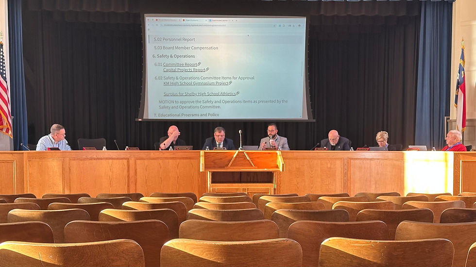 From left, CCS School Board members, Walter S. Spurling; Ron Humphries; Chairman Joel Shores, Vice-Chairman Aaron Bridges; Ronnie Grigg; Gloria Sherman and Kenneth Ledford at the Sept. 8. 2025 meeting.  