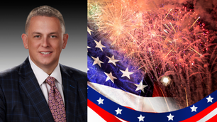 Wayne King photo and an American flag and fireworks to the right
