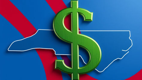 A graphic of North Carolina in blue and red with a green dollar sign at the front of the photo