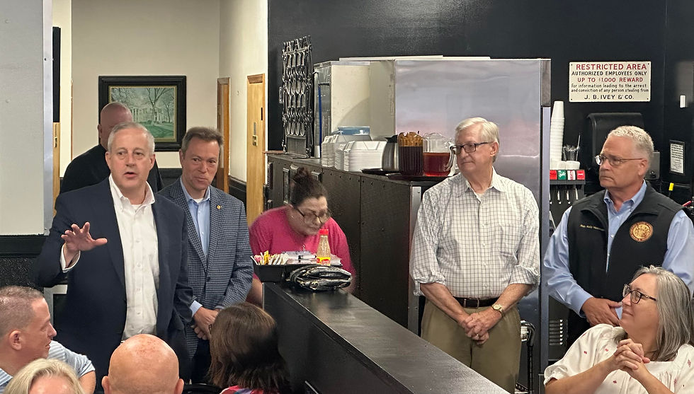 From left, Senate candidate Michael Whatley, N.C. House Rep. Paul Scott, N.C. Senator Ted Alexander and N.C. House Rep. Kelly Hastings at The Shelby Cafe, Saturday morning, talking to Cleveland County residents.     Chuck Thompson | Shelby Independent