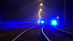 Train tracks at night with poloice blue lights