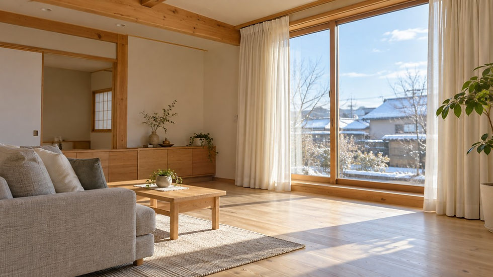 冬の朝日が差し込む、木枠の窓と厚手のカーテンのある明るい室内のイメージ