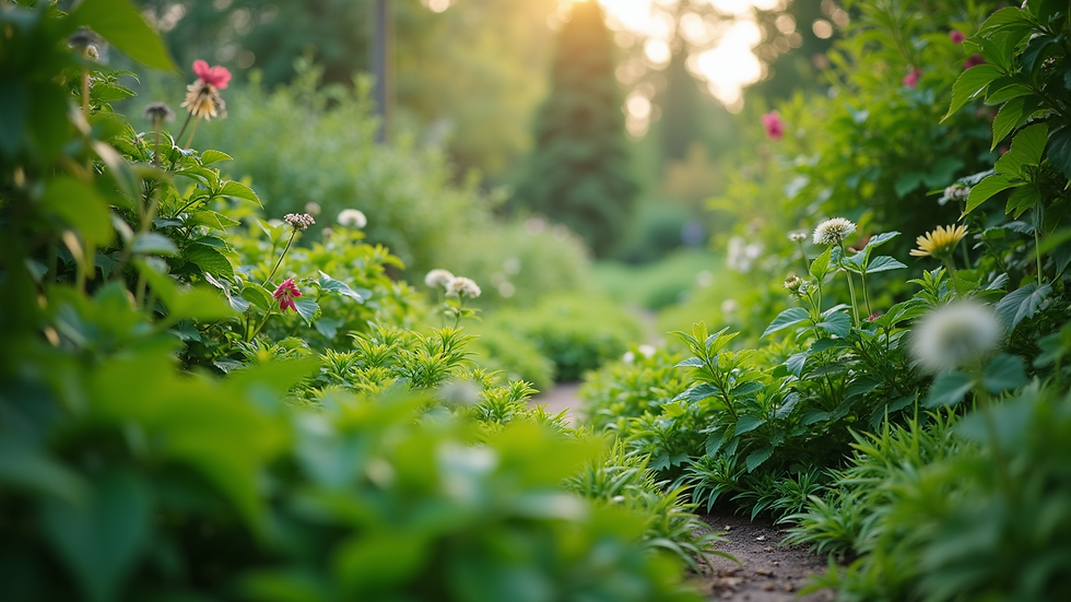 Eye-level view of a lush green garden with diverse plants