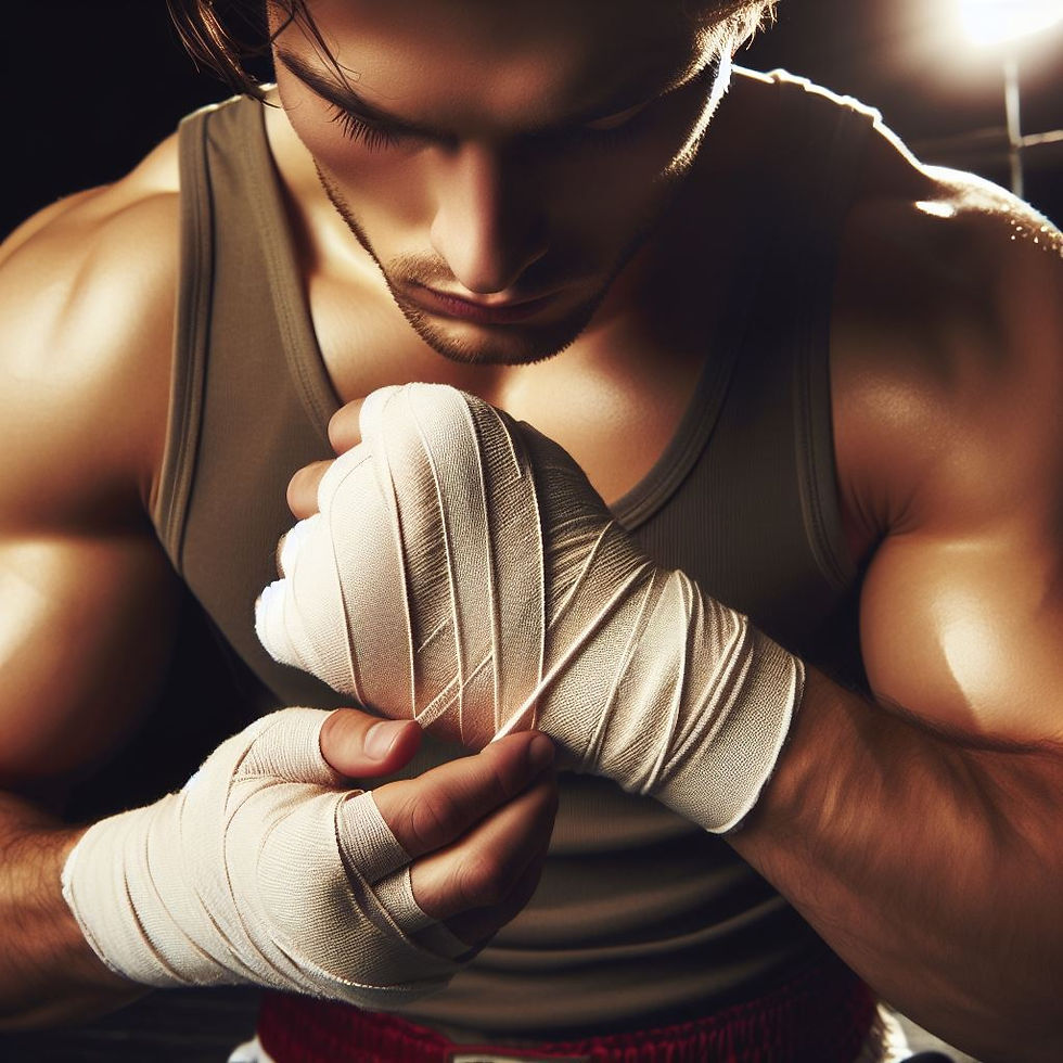 Boxeur mettant ses bandages de boxe pour se protéger les mains