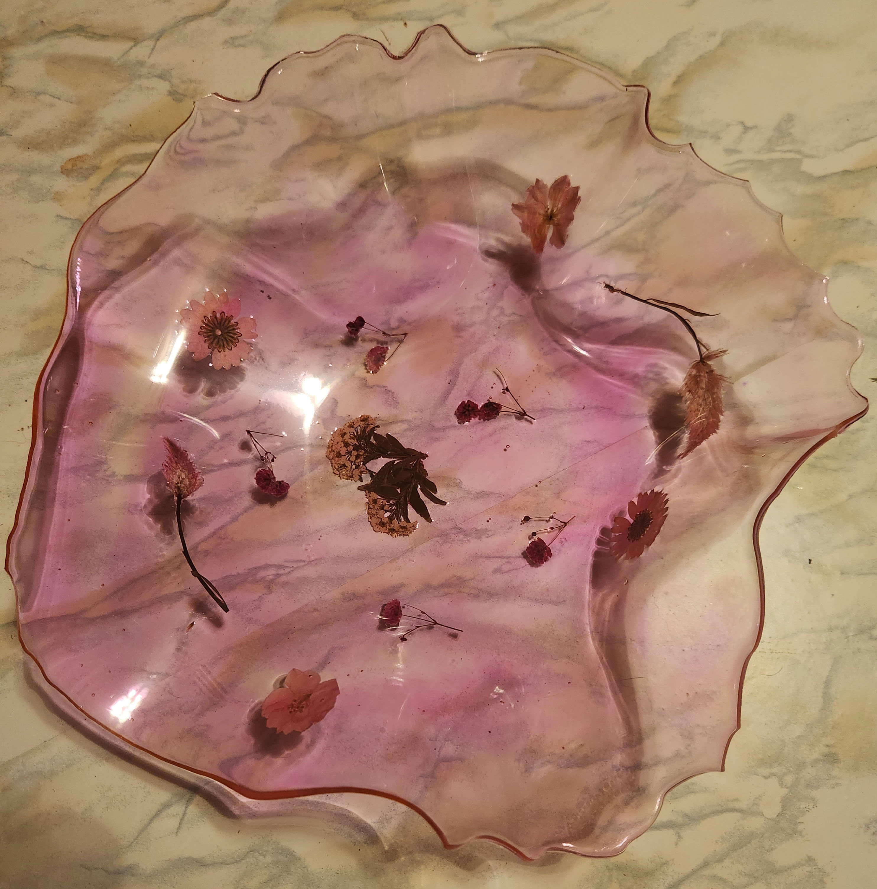 Pink freeform bowl with real flowers